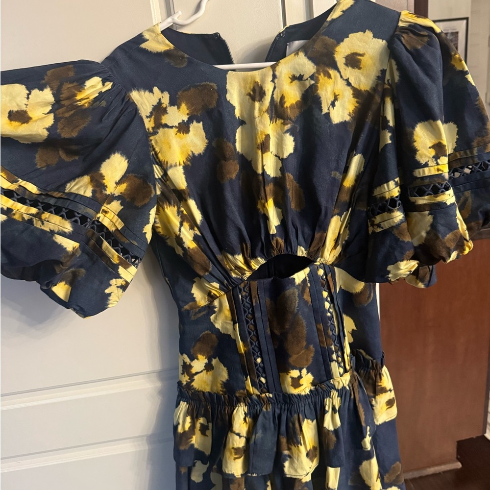 Acler Floral Puff Sleeve Dress in Navy and Yellow